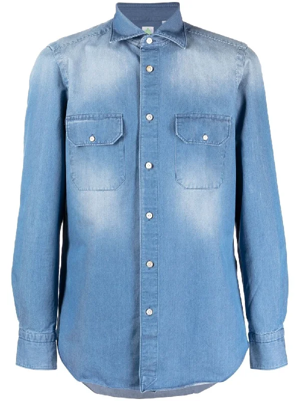 Men's distressed denim - look t - shirts with a rugged appealFinamore 1925 Napoli Men's Shirts Clear blue