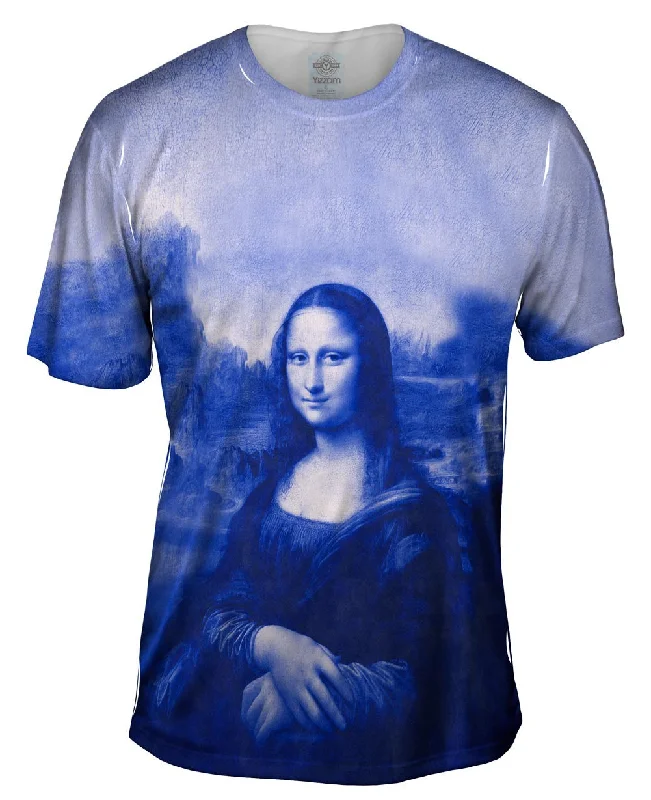 Men's mock - neck t - shirts with a modern and sleek stylePop Art - "Da Vinci Mona Lisa Navy" (1517)